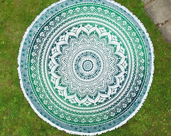 Round beach towel Ombre Mandala turquoise Indian bedspread with fringes Ø approx. 185 cm Yoga towel made of cotton in round, fair trade