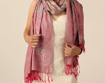 Pashmina Scarf Pink Red with Paisley Pattern – Soft Boho Shawl from Modal | Handmade Ethnic Wrap from India | Fair Trade Stole Karmandala