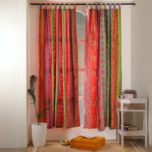 Handmade Multicolor Sari Curtain – Boho Patchwork Drapes from Recycled Indian Silk – 84&quot; Window Panel – Vintage Hippie Home Decor Red Tones