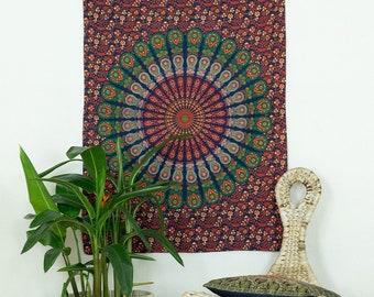 Indian mandala poster peacock blue orange green traditional handmade fair trade tapestry small wallhanging fair trade