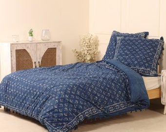 Linge de lit avec imprimé bloc bleu indigo - Housse de couette bohème pour lit simple 155 x 220 cm - fait main et commerce équitable en Inde - Karmandala