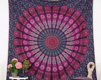 Tapiz de pared XXL con mandala de plumas de pavo real en color burdeos y rosa, aprox. 210 x 230 cm, hecho a mano en la India, 100 % algodón, para colgar en la pared.