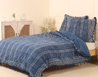 Linge de lit avec imprimé bloc bleu indigo - Housse de couette bohème pour lit simple 155 x 220 cm - fait main et commerce équitable en Inde - Karmandala