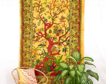 Tissu mural arbre de vie batik jaune indien arbre de vie tenture murale tapisserie arbre du monde commerce équitable couvre-lit jeter fait main