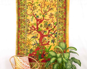 生命の樹タペストリー：大型ボヘミアン風インド風壁掛け（83x53インチ