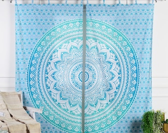 rideau ombre mandala turquoise rideaux indiens translucide décoration de fenêtre commerce équitable artisanat indien