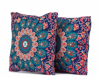 Mandala cushion, orange/turquoise, 40 x 40 cm, decorative cushion with feather pattern, Indian cotton cover, 15-inch seat cushion for sofa and armchair