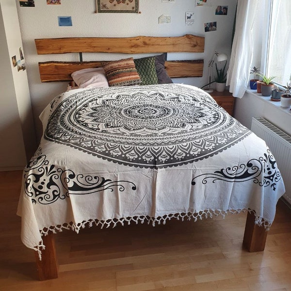 Indische Tagesdecke Ombre Mandala schwarz natur weiß mit Fransen ca. 220x240 cm, King Size 100% Baumwolle, handgefertigt in Indien