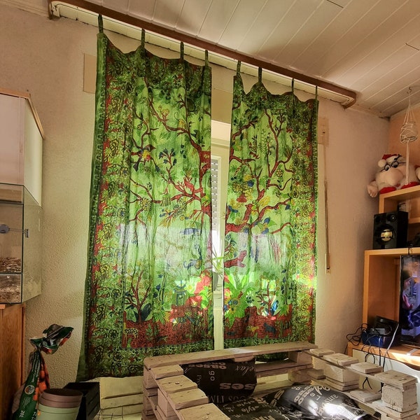 Cortina árbol de la vida verde con árbol del mundo batik indio árbol de la vida cortinas étnicas decoración de ventana de comercio justo 2 x 2 m