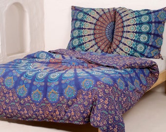 Bettwäsche 200x220 cm mit Mandala in blau türkis - Bettbezug + Kissenbezug aus 100% Baumwolle - handgefertigt und fair gehandelt in Indien