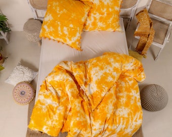 Bettwäsche orange gelb batik Bettbezug Doppelbett 200x220 cm + Kissenbezug 100% Baumwolle weich & gemütlich boho look mit Zierquasten