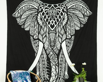 Mur de tissu accrochant la tapisserie éléphant indien blanc blanc hippie blanc deko ethno juste végétalien de coton négocié