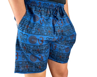 Pantalones cortos estilo boho con el símbolo Om en azul, confeccionados en 100% algodón, unisex, estilo hippie, corte relajado, ideales para festivales de verano, pantalones procedentes de Nepal.