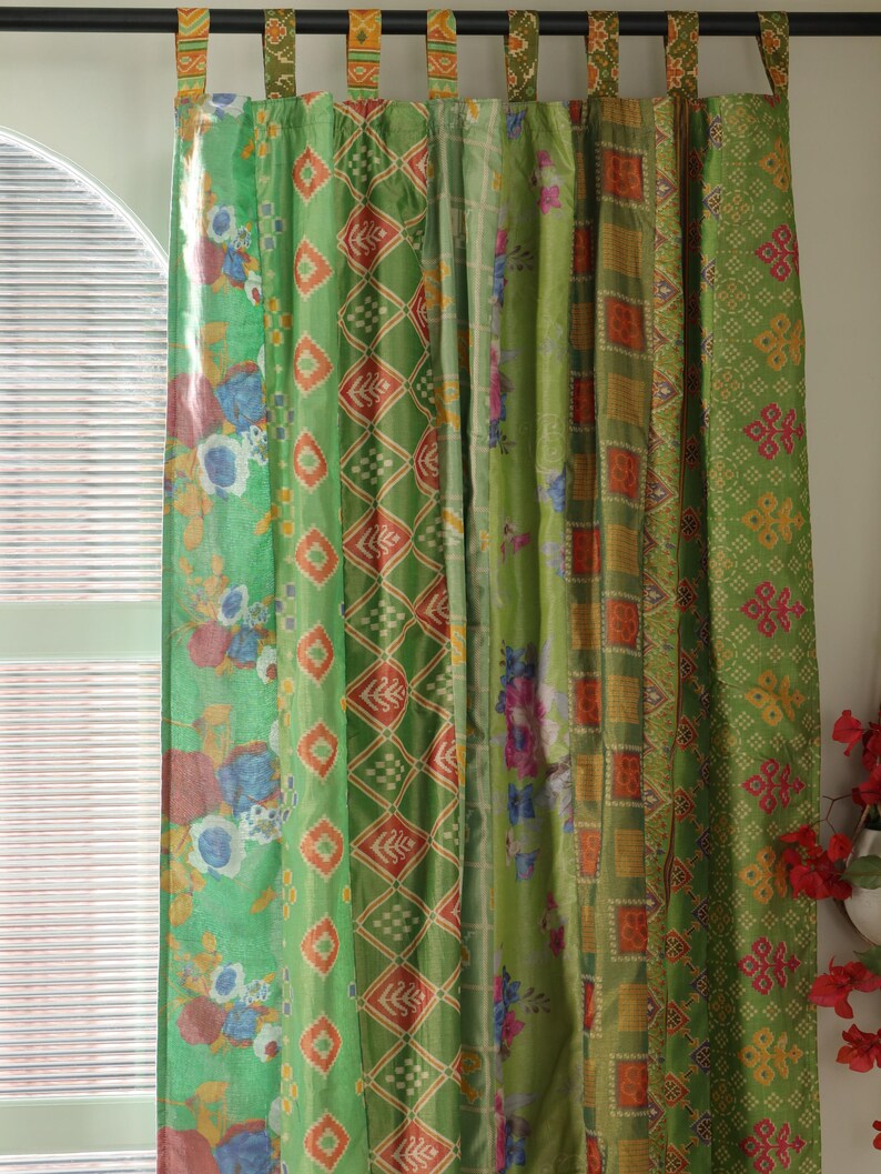Boho-Vorhänge Grün Indischer Sari Vorhang handgefertigte Patchwork Gardine bunte Fenster Dekoration Hippie-Schlafzimmer aus recycelten Saris
