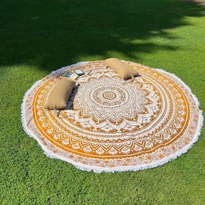 Round beach towel Ombre Mandala brown white Indian bedspread with fringes Ø approx. 185 cm Yoga towel made of cotton in round, fair trade