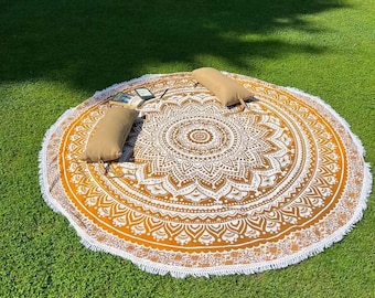 Round beach towel Ombre Mandala brown white Indian bedspread with fringes Ø approx. 185 cm Yoga towel made of cotton in round, fair trade
