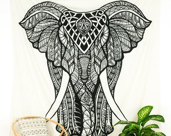 Indian tapestry wallhanging big elephant white black ethno style hippie decor fair trade vegan walldecor