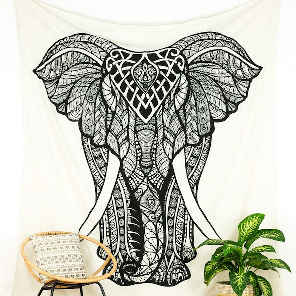 Tapiz de pared de elefante, tapiz indio, decoración hippie blanca y negra, algodón de comercio justo etno vegano