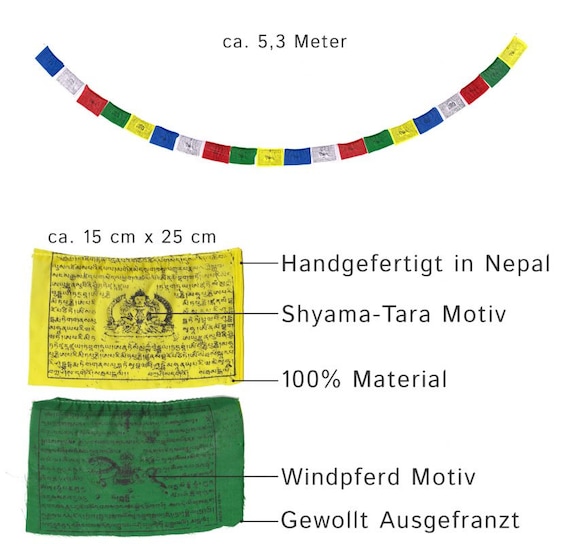 Bandiere Tibetane Di Preghiera - 25 Bandiere Su 5 Metri, 20x16 Cm Ciascuna Con Simboli Protettivi - Foto 13