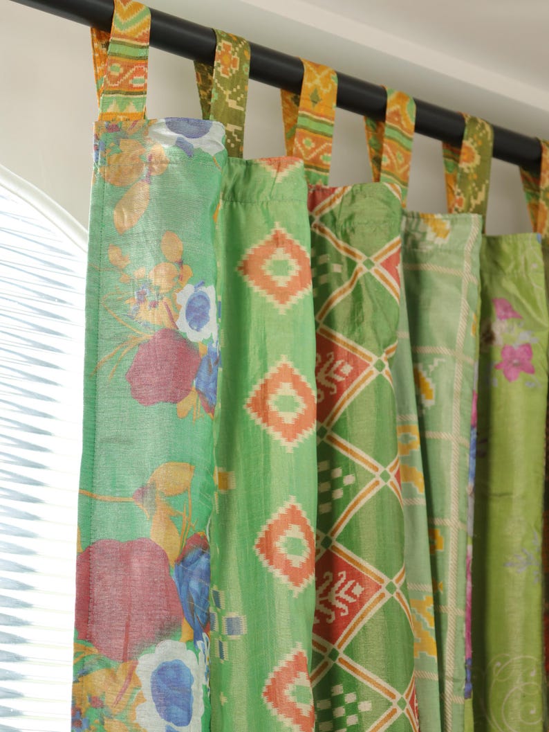 Boho-Vorhänge Grün Indischer Sari Vorhang handgefertigte Patchwork Gardine bunte Fenster Dekoration Hippie-Schlafzimmer aus recycelten Saris