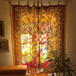 Curtain tree of life orange drapery with Indian peepal tree curtains ethno window decoration from fair trade handcrafted in india