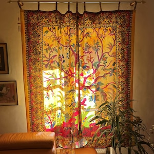 Indischer Vorhang Lebensbaum orange Weltenbaum batik gelb Baum des Lebens Boho Gardinen Hippie Stil Fenster Dekoration aus fairem Handel