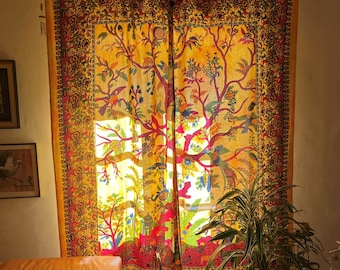 Curtain tree of life orange drapery with Indian peepal tree curtains ethno window decoration from fair trade handcrafted in india