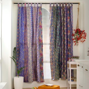 Handmade Blue Sari Curtains – Boho Patchwork Drapes from Recycled Indian Silk – Bohemian Window Panels – 84&quot; Length Bohemian Sari Curtain