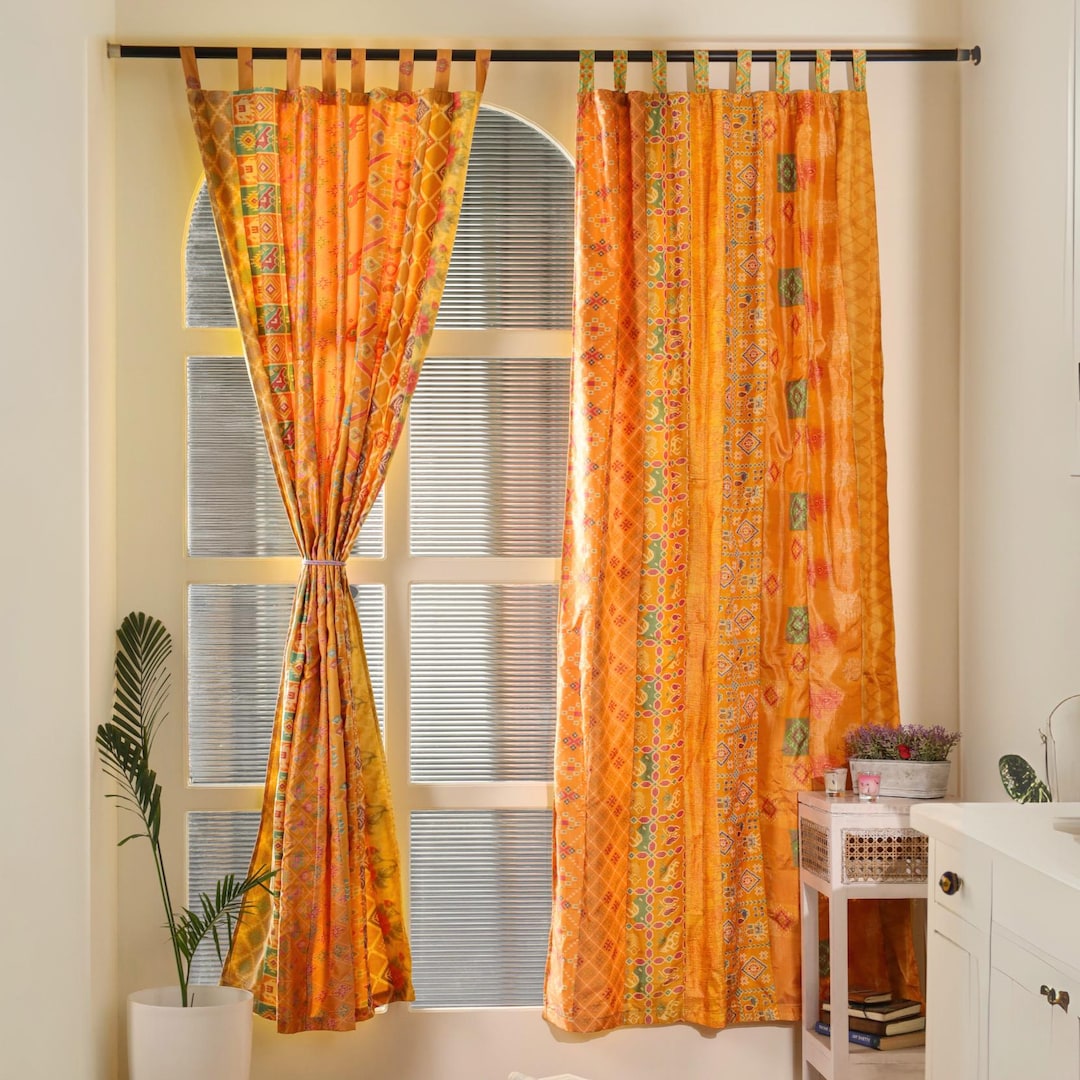 Sari Curtains Yellow 2 Panels 84" – Indian Boho Patchwork Drapes From ...