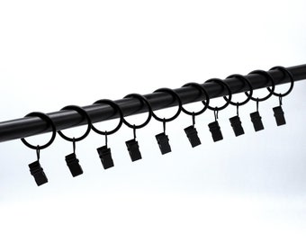 Curtain rings with clip and hook black, secure attachment for wall cloth and tapestry with strong clamp and hook for hanging