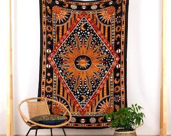Tissu mural avec motif astro étoiles planètes et un soleil en noir et orange Tenture murale indienne tapisserie spirituelle commerce équitable