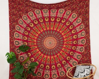Mandala wall cloth red white green Indian wall hanging tapestry large tapestry peacock feather boho hippie gipsy ethnic throw bed cover