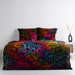 Mandala duvet cover tie dye multicolor 200x220 cm, 100% cotton, queen size bed linen with pillows, handmade in india from mandala cloths