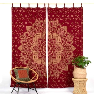 Indischer Vorhang Lotus Mandala rot gold orientalische Gardine ethno Stil mit Schlaufen blickdicht handgefertigt aus fairem Handel