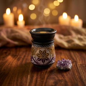 May include: A dark stone oil burner featuring a carved floral motif with gold and purple accents, topped with a circular basin. Beside the burner sits a small, jagged cluster of translucent purple amethyst crystals on a wooden surface.