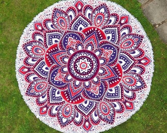 Indian Mandala roundie beachtowel round lotus flower purple pink white with fringe 185 cm fair and vegan