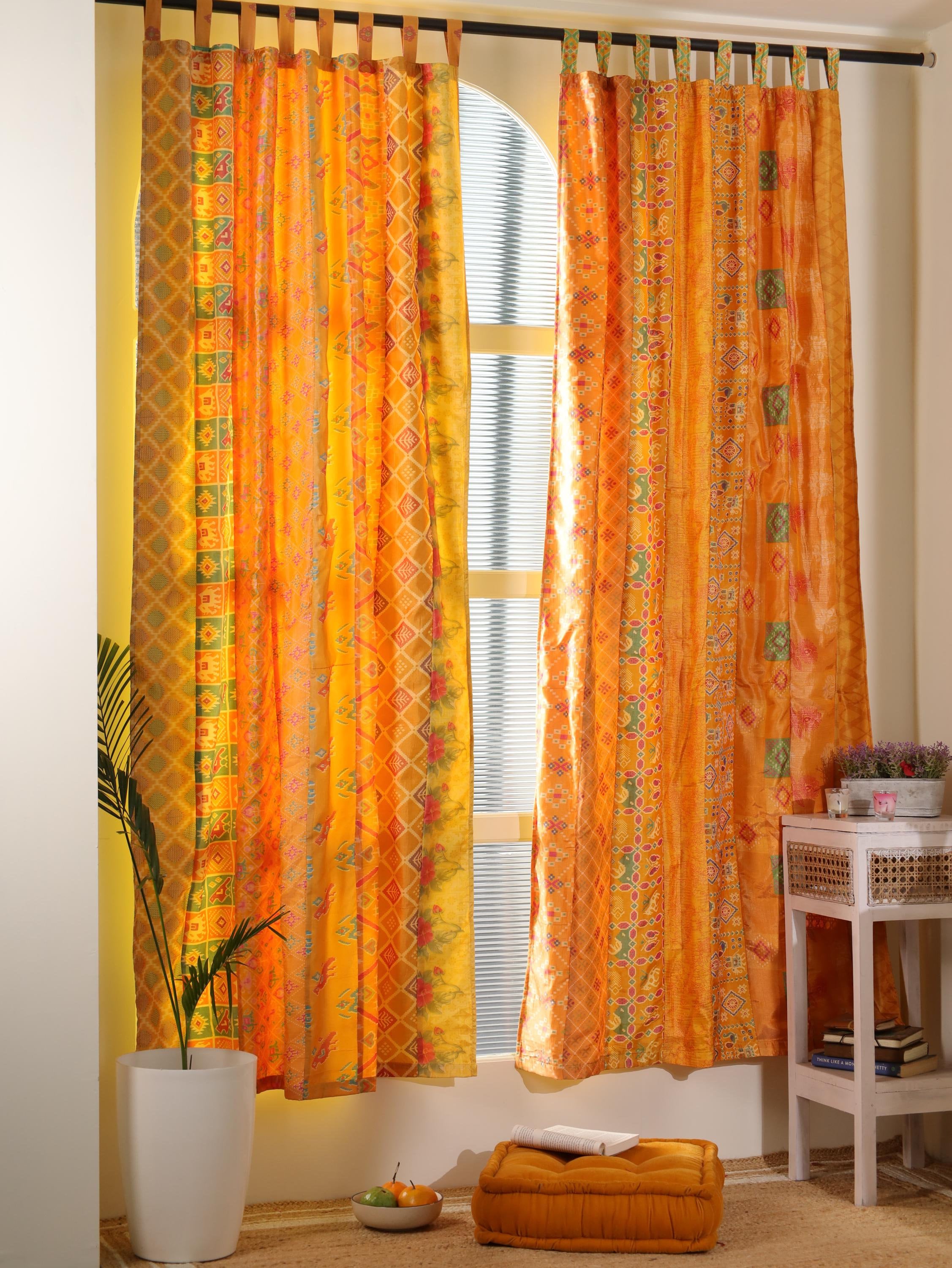 Sari Curtains Yellow 2 Panels 84" – Indian Boho Patchwork Drapes From ...
