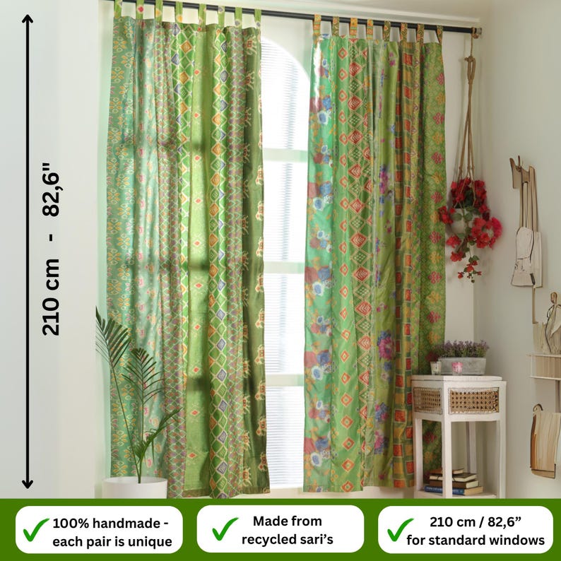 Boho-Vorhänge Grün 210x210 cm Indischer Sari Vorhang handgefertigte Patchwork Gardine bunte Fenster Dekoration Schlafzimmer recycelte Saris