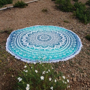 Round beach towel Ombre Mandala blue white Indian bedspread with fringes Ø approx. 185 cm Yoga towel made of cotton in round, fair trade