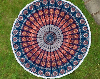 Round Mandala beachtowel peacock pattern in blue and orange, 185 cm, 100% cotton, fair trade, vegan