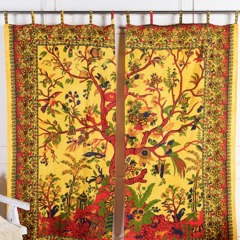 Indischer Vorhang Lebensbaum orange Weltenbaum batik gelb Baum des Lebens Boho Gardinen Hippie Stil Fenster Dekoration aus fairem Handel