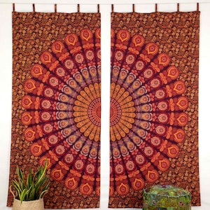 Vorhang Mandala Pfauenfeder rot orange gelb blickdicht lichtdurchlässig Gardinen mit Schlaufen Bohostyle