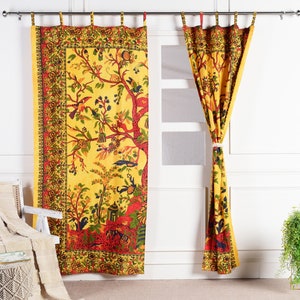 Indischer Vorhang Lebensbaum orange Weltenbaum batik gelb Baum des Lebens Boho Gardinen Hippie Stil Fenster Dekoration aus fairem Handel