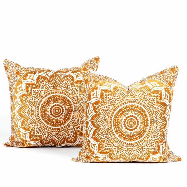 Mandala Kissen ocker braun orange 40x40 cm Zierkissen indisch Baumwolle Dekokissen Hülle 15 inch Sitzkissen für Sofa und Sessel