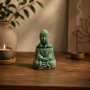Könnte beinhalten: Eine hellgrüne Buddha-Figur aus Keramik in sitzender Meditationshaltung. Die Figur weist eine glatte, glänzende Glasur mit subtilen Farbtonvariationen auf und zeigt einen gelassenen Gesichtsausdruck sowie traditionell drapierte Gewänder.