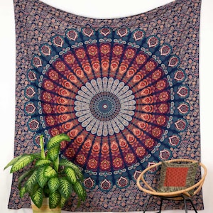Mandala tapestry, indian wallhanging in blue orange and turquoise. Boho walldecor Oriental peacock design. 100% cotton, vegan and fair trade