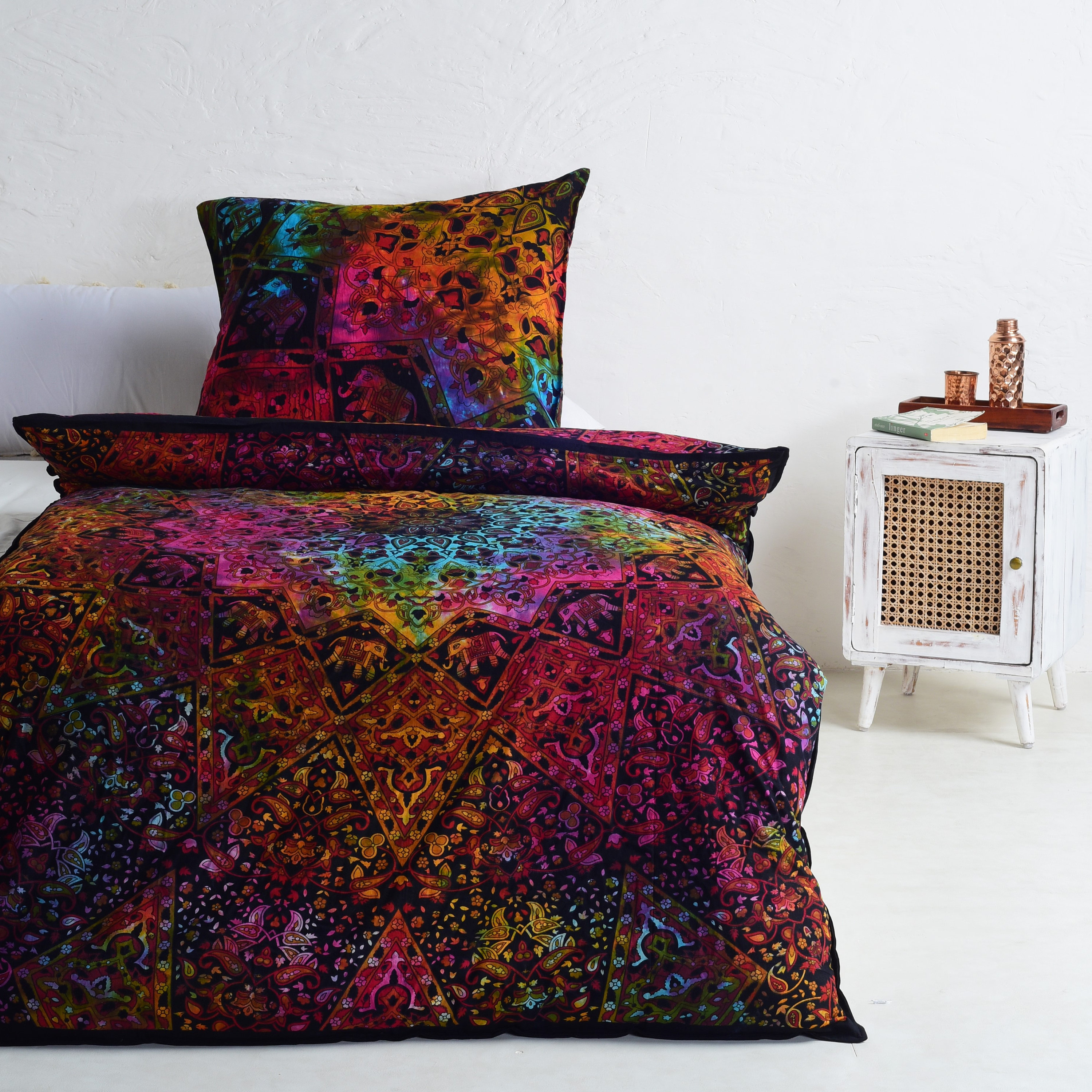 Ropa de cama Mandala batik colorido cama individual 135x200 cm + juego de almohadas 100% algodón suave con cremallera Estilo Boho Orient Karmandala