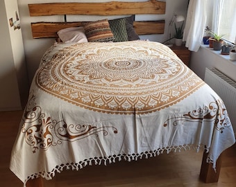 Indische Tagesdecke Ombre Mandala braun natur weiß mit Fransen ca. 220x240 cm, King Size 100% Baumwolle, handgefertigt in Indien