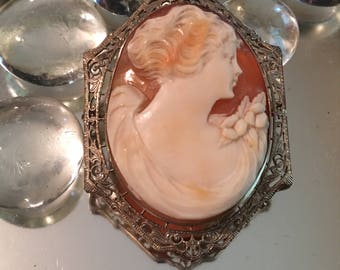 Antique 1910-20 Edwardian 14K White Gold Filigree & Shell Cameo