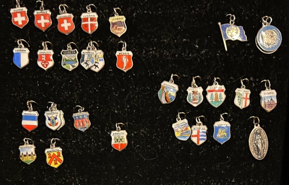 Vintage Sterling Silver Travel Shield Charm, European Cities